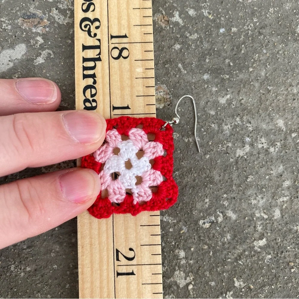Red & Pink Crochet Granny Square Earrings - Picture 7 of 7